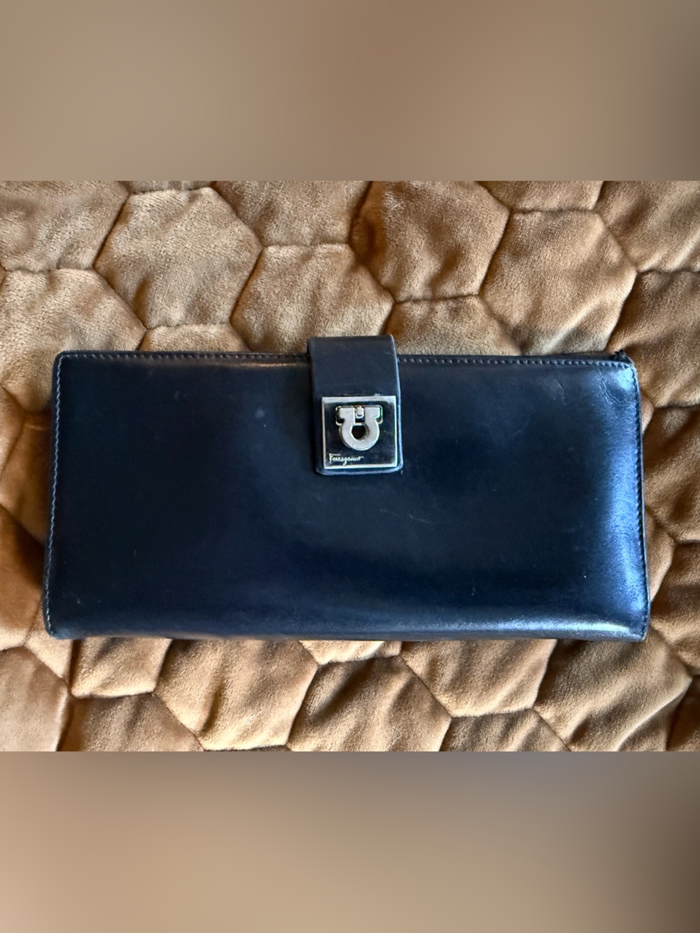 Vintage Salvatore Ferragamo Black Leather Gancini Long Wallet Clutch Italy